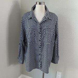 Tommy Hilfiger Womens Plus 2X Navy White Geometric Button Up Blouse Shirt Top